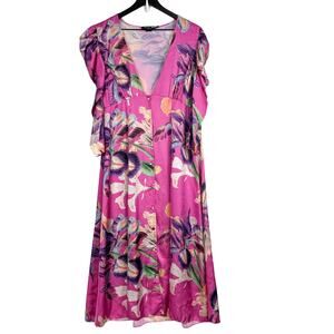 PatBO Grace Floral Puff Sleeve Midi Dress VNeck Pink - 8 US